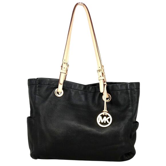 Michael Kors Bag Womens Black Pebbled Leather Tote Handbag Charm Double Handle - Picture 1 of 14
